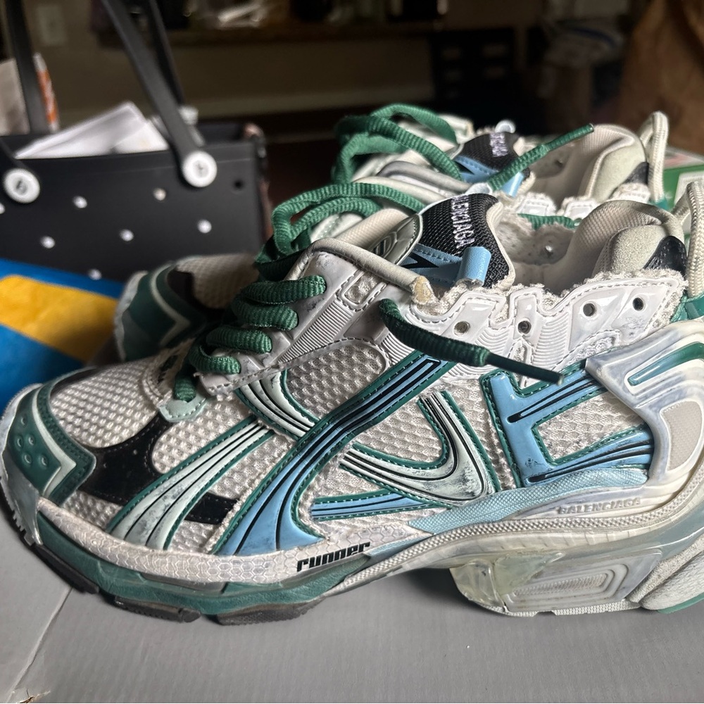 Balenciaga White and Teal Athletic Sneakers - Picture 3 of 5